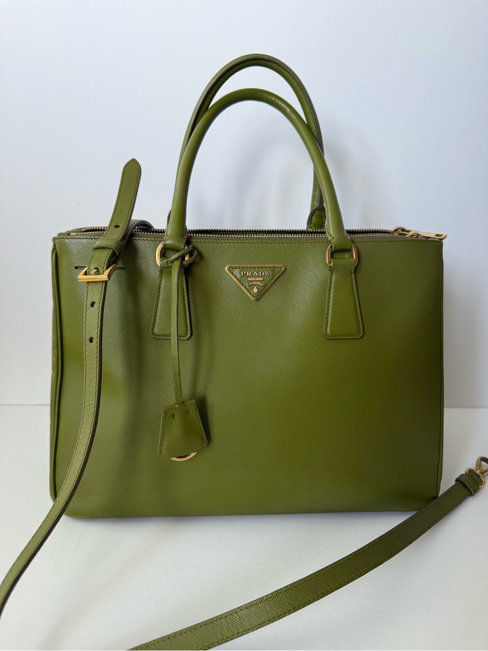Prada Green Saffiano Leather Tote with Gold Hardware